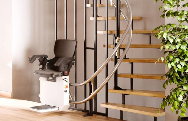 Stairlift designed for installation on a spiral staircase, offering safe and comfortable mobility on curved staircases.